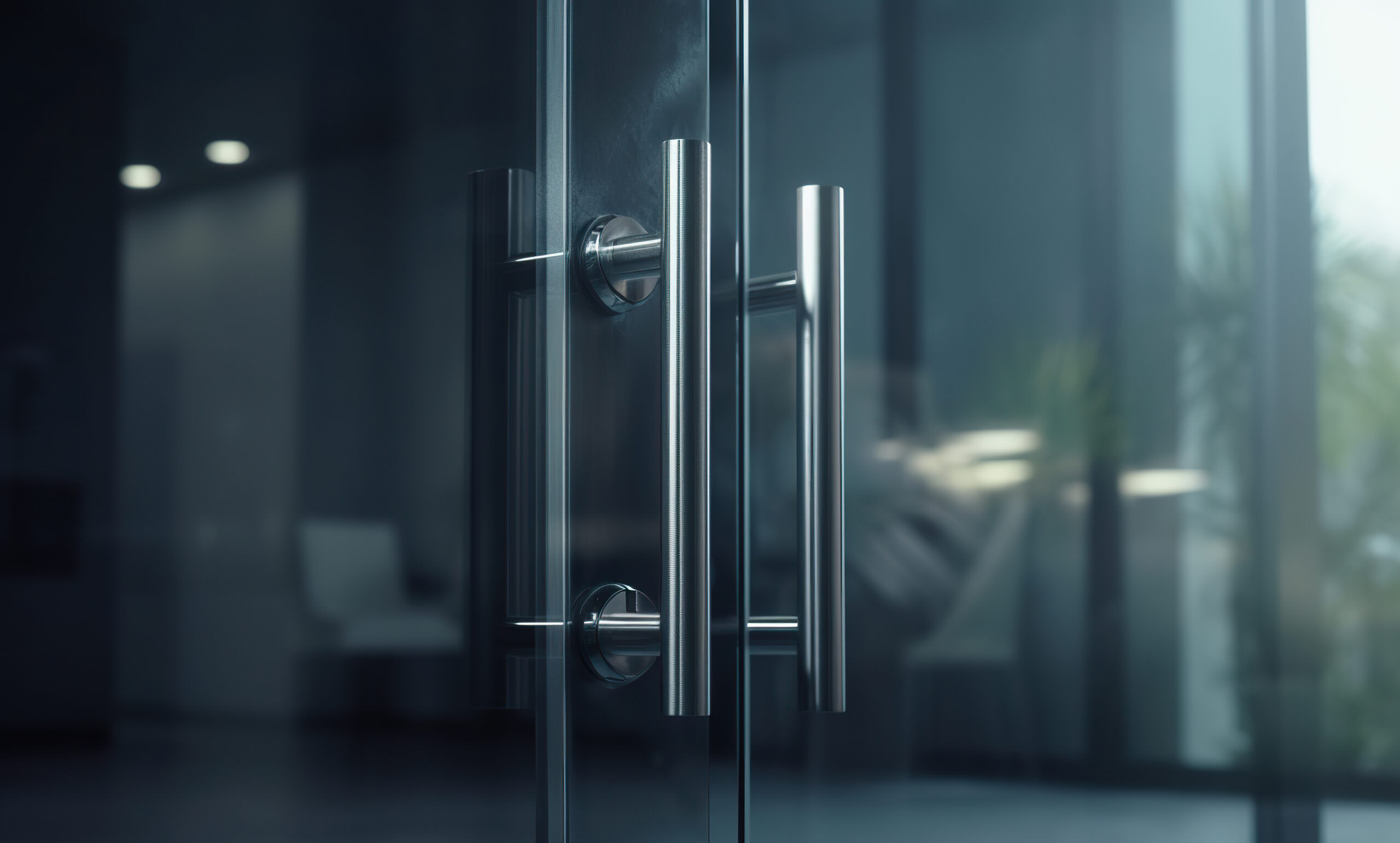 Illustration of the handle on the door of an office. Metal handle on the glass door. Glass door with a metal handle glass door glass background. Realistic 3D illustration. Generative AI